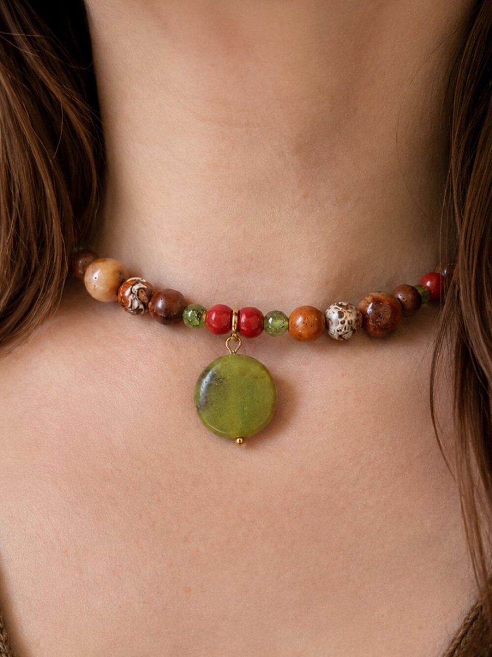 Green Serpentine Pendant Choker with Jasper, Agate and Wood Beads